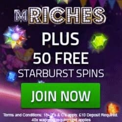 mRiches Casino - 50 gratis spins and 350% free bonus - bet for fee!