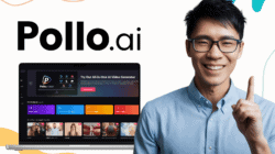 Pollo AIを活用したAI動画生成ツールの使い方と機能解説 | 初心者からプロまで Pollo.ai の Web サイトが表示されたラップトップの横で、ある人物が微笑みながら上を指差しており、洗練された Pollo AI のロゴが背景をさりげなく引き立てています。.