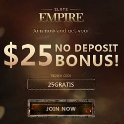 Slots Empire Casino | $25 no deposit required + 220% bonus | Review