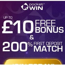 Pocket Win Casino £10 no deposit + 200% free bonus for UK