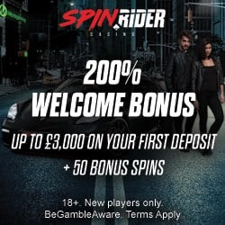 Spin Rider Casino 50 bonus spins + 200% up to €3000 free bonus