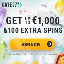 Gate777.com 100 gratis spins + €1,000 bonus money