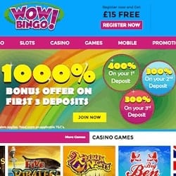 Wow Bingo Casino £15 free spins NDB + £3000 FREE in bonus money