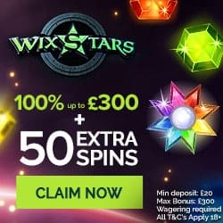 Wixstars Casino 50 extra spins and 100% up to €/£/$300 free bonus