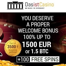 Das Ist Casino 250 free spins and 3,5 BTC or €3500 welcome bonus