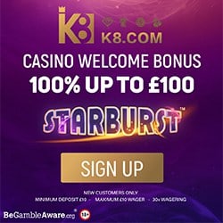 K8.com UK Casino & Sportsbook: 100% free bonus up to £100