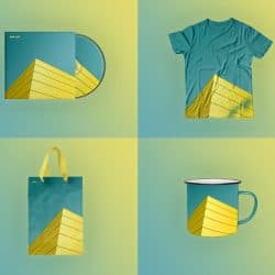 Vibrant merchandise collection featuring a CD, T-shirt, tote bag, and mug, all with coordinated geometric yellow pyramid design on a blue background, perfect for music fans and branding.
