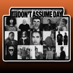 NFT charity broadcast poster for World Food Programme's Don't Assume Day featuring diverse diverse artists and performers promoting awareness and social activism for global food security.