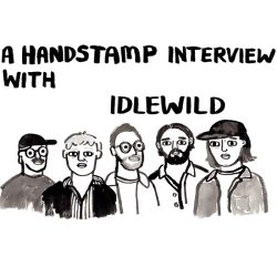 Interview with Idlewild band by Handstamp illustration, music interview, indie rock, band discussion, Hypebot features, music industry insights, artist spotlight, band members portrait, black and white artwork, album promotion visuals.