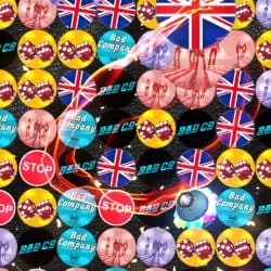 1. Collage of colorful casino chips and promotional logos with UK flags, bad company, and stop signs, emphasizing gaming, UK theme, and casino branding.
