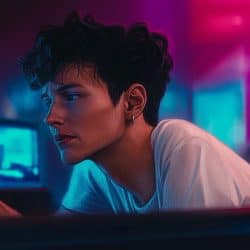 Teenage woman with short curly hair wearing a white t-shirt in a colorful neon-lit room, focused on screen, digital art, music production, vibrant nightlife ambiance, modern lifestyle, Hypebot content exploration.