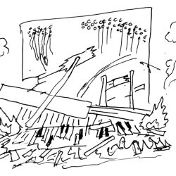A sketch of a destroyed concert stage with broken pianos, scattered debris, and smoke, highlighting concert accident or stage disaster, emphasizing music industry safety concerns.