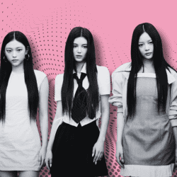 Stylish K-pop girl group members in black and white outfits with a vibrant pink pop art background, showcasing trending music culture and modern fashion.