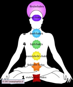 Wat zijn chakra's? Afbeelding: Een schema van de chakra's afgebeeld op een persoon die in de lotushouding zit.