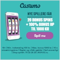 Casumo.dk Dansk Casino 20 gratis spins + 1.000 kr bonus