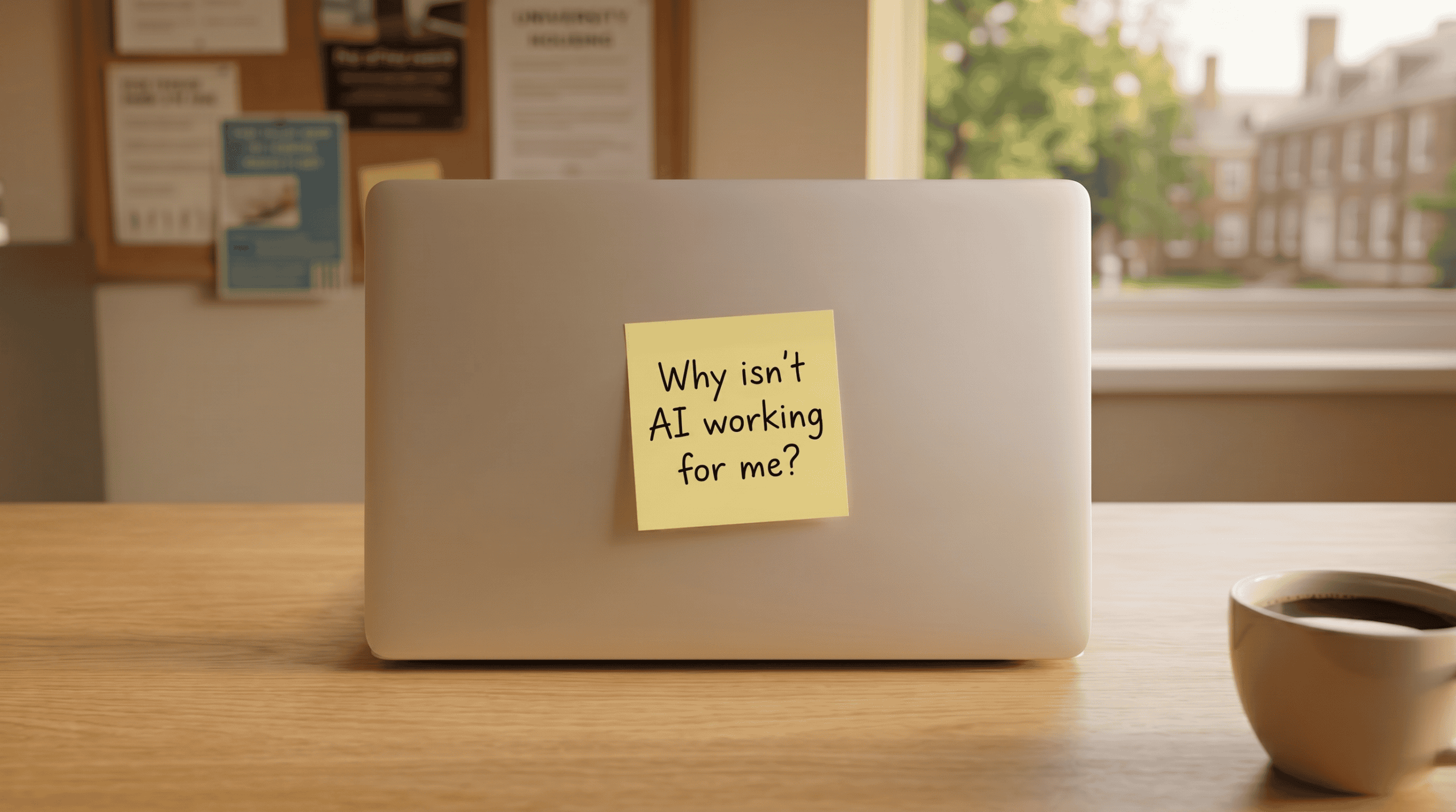 Laptop with sticky note questioning AI prompting effectiveness for higher education.