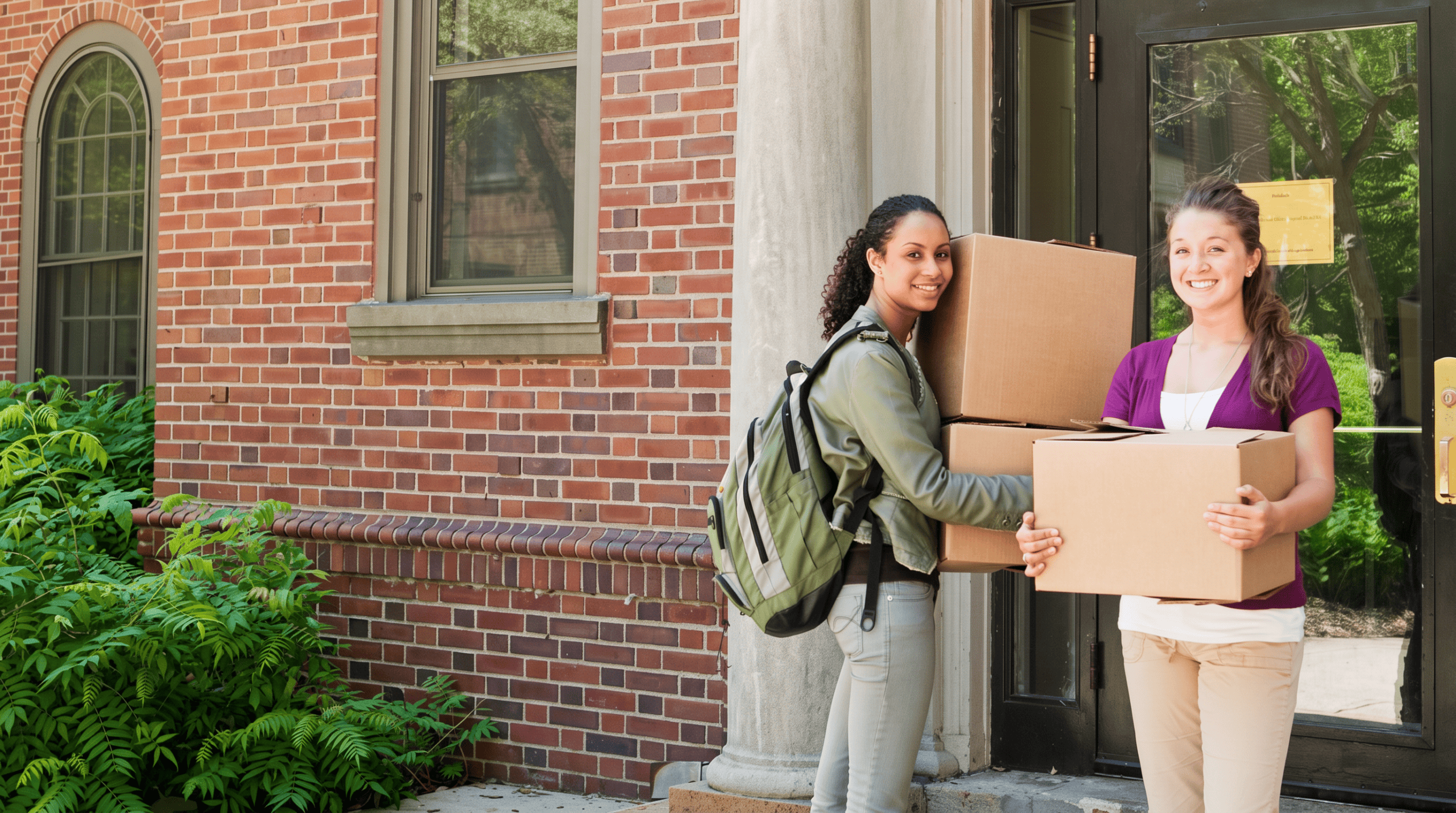 Students moving into university residence hall, boxes and backpacks, improving student belonging and retention.