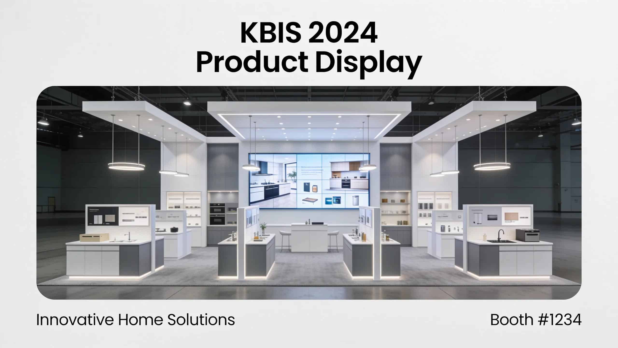 20x20 island booth with product displays and a reception counter