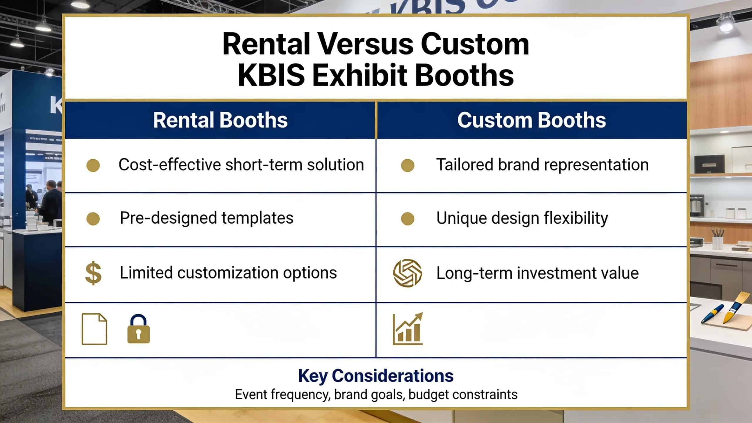 Rental exhibit structure shown next to a fully custom booth build