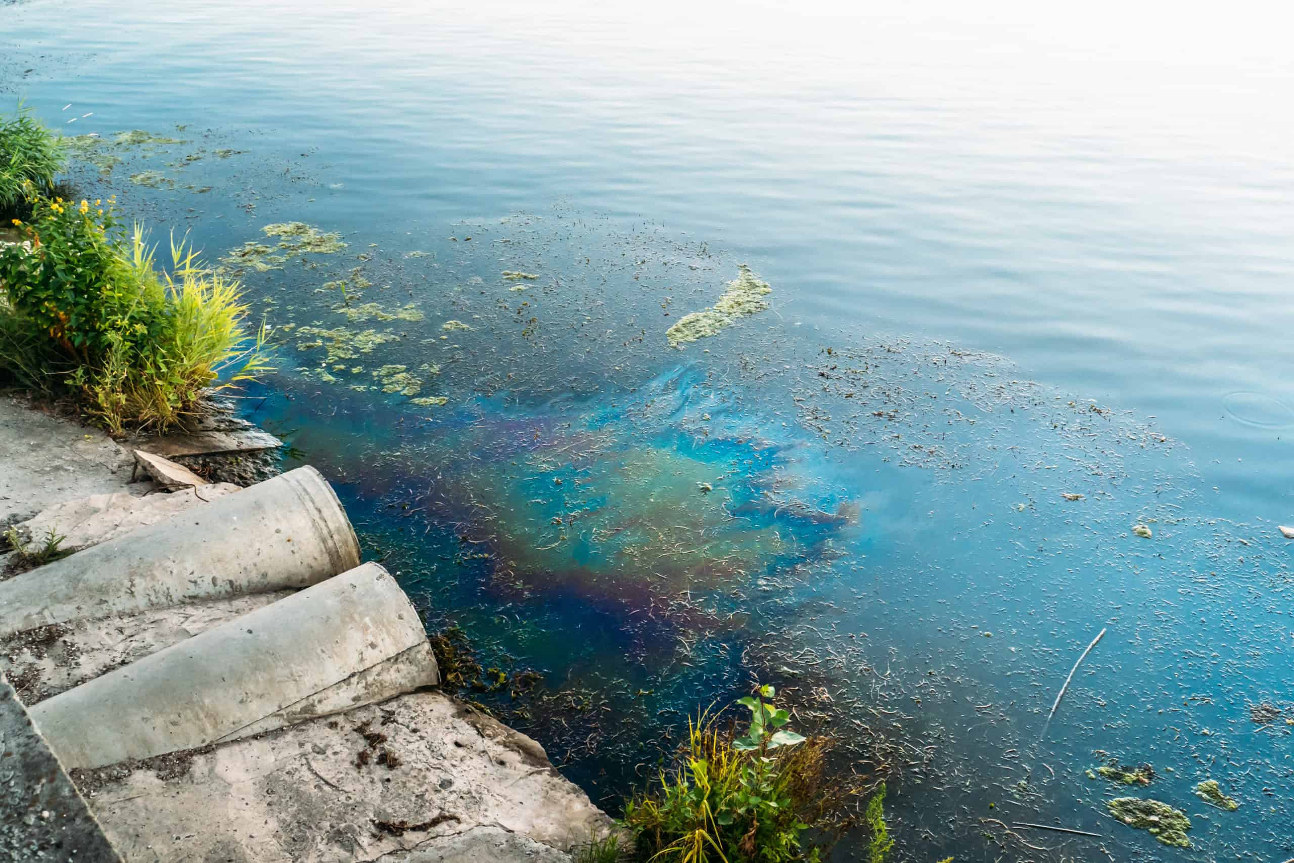 Oil sheen and hydrocarbon contamination visible on a waterway surface near a concrete drainage structure — surface water pollution requiring environmental site assessment, spill response, remediation planning, and regulatory reporting consulting by EDGE Engineering.