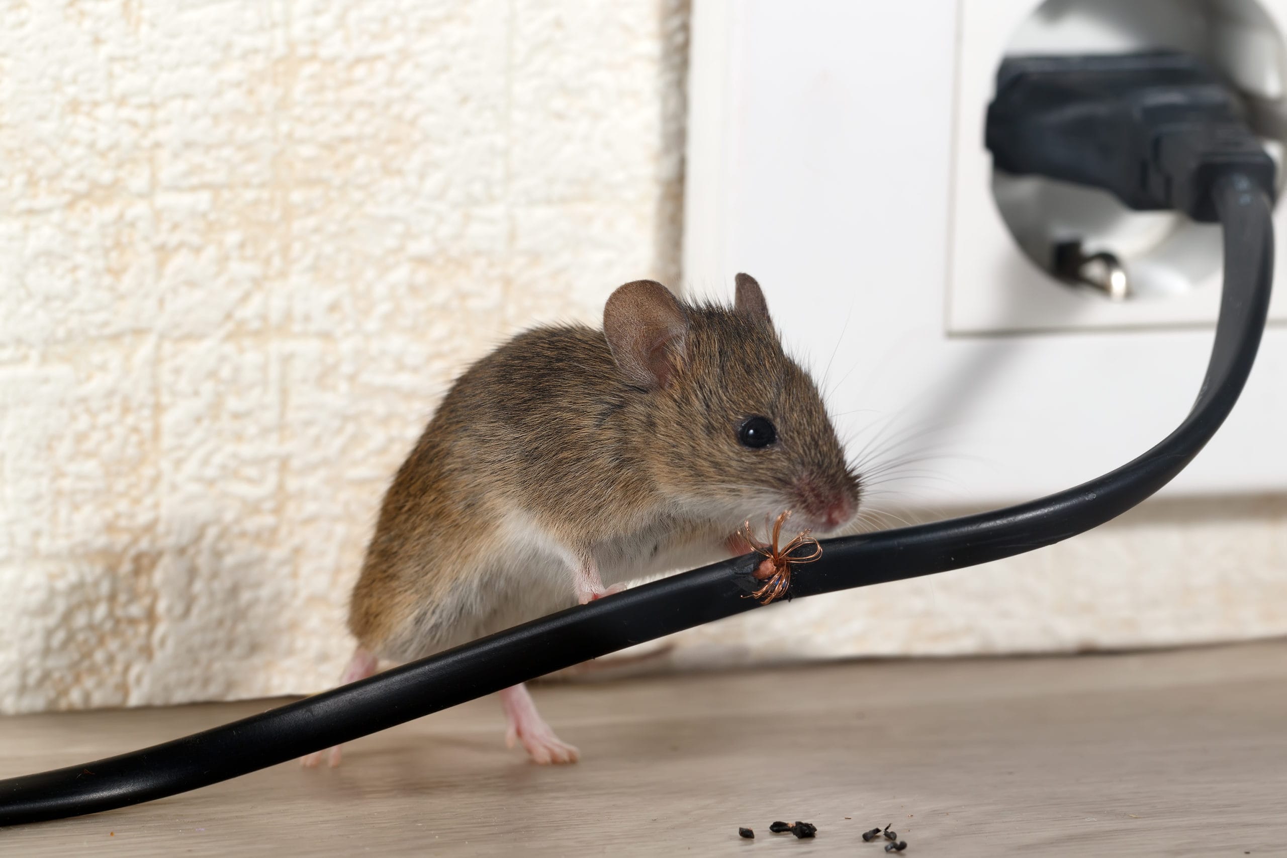 Raton avec un parasite accroché à sa patte près d'une prise électrique, extermination de nuisibles, contrôle des rats, pest control professionnel, élimination des rongeurs.
