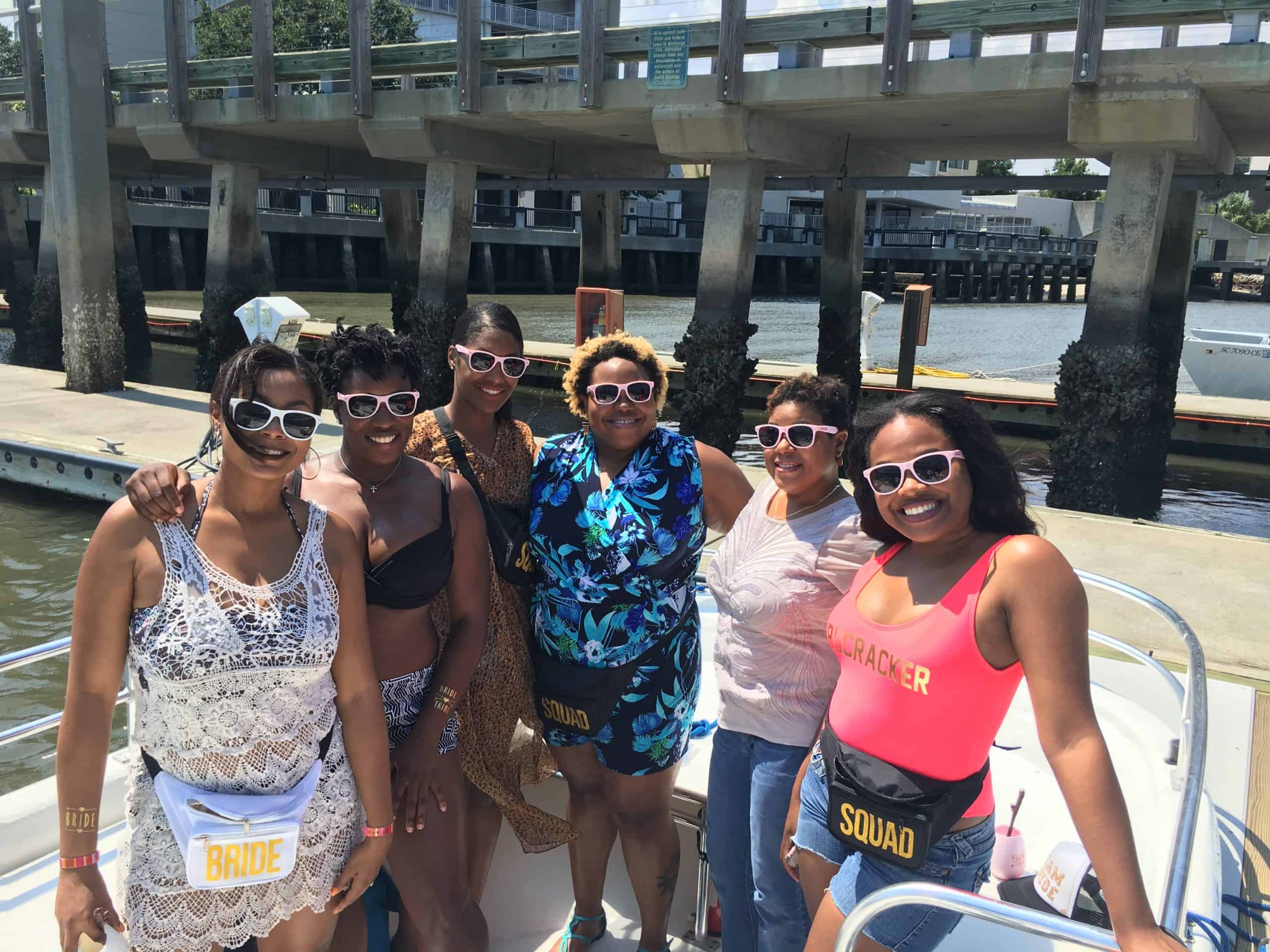 Bachelorette party pictured on the docked boat. Charleston bachelorette party boat
