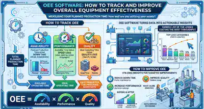 OEE software infographic: OEE equals Availability times Performance times Quality, with loss tracking and improvement steps