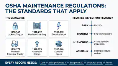 OSHA maintenance regulations infographic: six standards, required inspection frequencies, and what each record must contain
