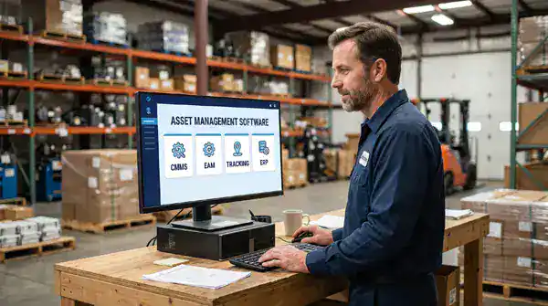Facilities maintenance manager in an industrial warehouse reviewing an asset management software comparison on a computer monitor