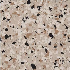 Decorative epoxy flake floor finish with beige and black colors for residential and commercial concrete surfaces in Minnesota.