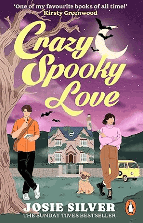Beautiful spooky love story book cover by Josie Silver featuring couples and a haunted house in a moonlit night setting.