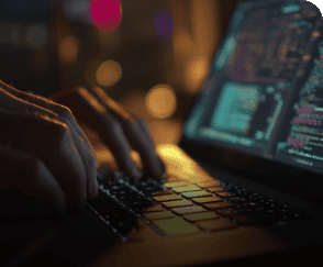 Mãos digitando rapidamente em um teclado de laptop em um ambiente escuro, com a tela exibindo linhas de código colorido e luzes desfocadas ao fundo.