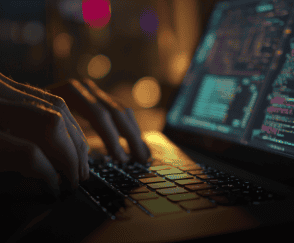Mãos digitando rapidamente em um teclado de laptop em um ambiente escuro, com a tela exibindo linhas de código colorido e luzes desfocadas ao fundo.