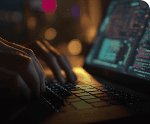 Mãos digitando rapidamente em um teclado de laptop em um ambiente escuro, com a tela exibindo linhas de código colorido e luzes desfocadas ao fundo.