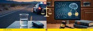 Composite image illustrating the legal and scientific aspects of a New Mexico marijuana DUI defense case. The left side shows a roadside police investigation at dusk with a patrol car, a breathalyzer device, and a beaker on a table. The right side shows a courtroom setting with a judge's gavel, law books, and a computer monitor displaying chemical structures of THC, a human brain, and fat cells. A scales of justice icon is in the center. The bottom yellow banner features the Grano Law Offices, P.C. logo, the phone number (505) 426-8711, and the website GranoLaw.com.