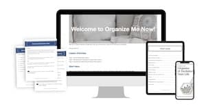 computer screen, iPad and spiral bound workbooks for Organize Me Now