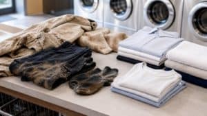 明るい色の背景に置かれた、たたまれた作業着とブラシと手袋