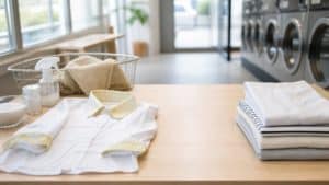 明るいテーブル上の汚れのある白い布と洗剤、ブラシ