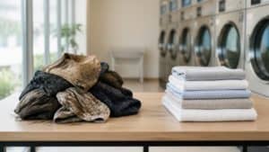 砂汚れのついた子供服とタオルが入った編み込みバスケット
