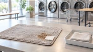 コインランドリーの作業台に置かれた汚れのあるマットと布