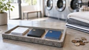 コインランドリーの洗濯機を背景に、プリペイドカードと硬貨が並んでいる