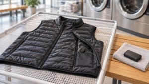 メッシュ台に広げた黒いベストと、隣のタオルに置かれたモバイルバッテリー