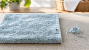 布の上に置かれた水色のタオル。右端にほつれがあり、横に糸が置かれている