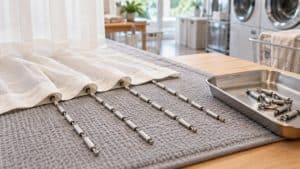 作業台に広げた白いカーテンの裾と、露出した金属製のチェーン状の重り