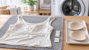 白いカップ付きインナーと、トレーに並べたベージュの胸パッド