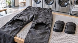 台に広げた黒い作業ズボンと、その横に置かれた2枚の膝パッド
