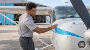 Flight instructor checking a training aircraft
