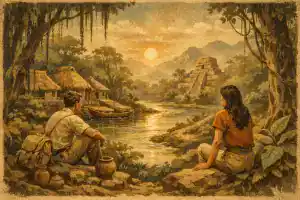 Peaceful jungle scene with two people by the river at sunset.