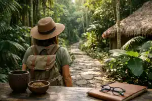 Woman with backpack exploring lush jungle path for retreats.