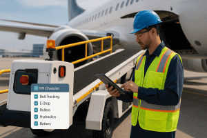 Ground support technician checks a digital PM checklist beside an airport belt loader aligned with an aircraft cargo door on the tarmac.